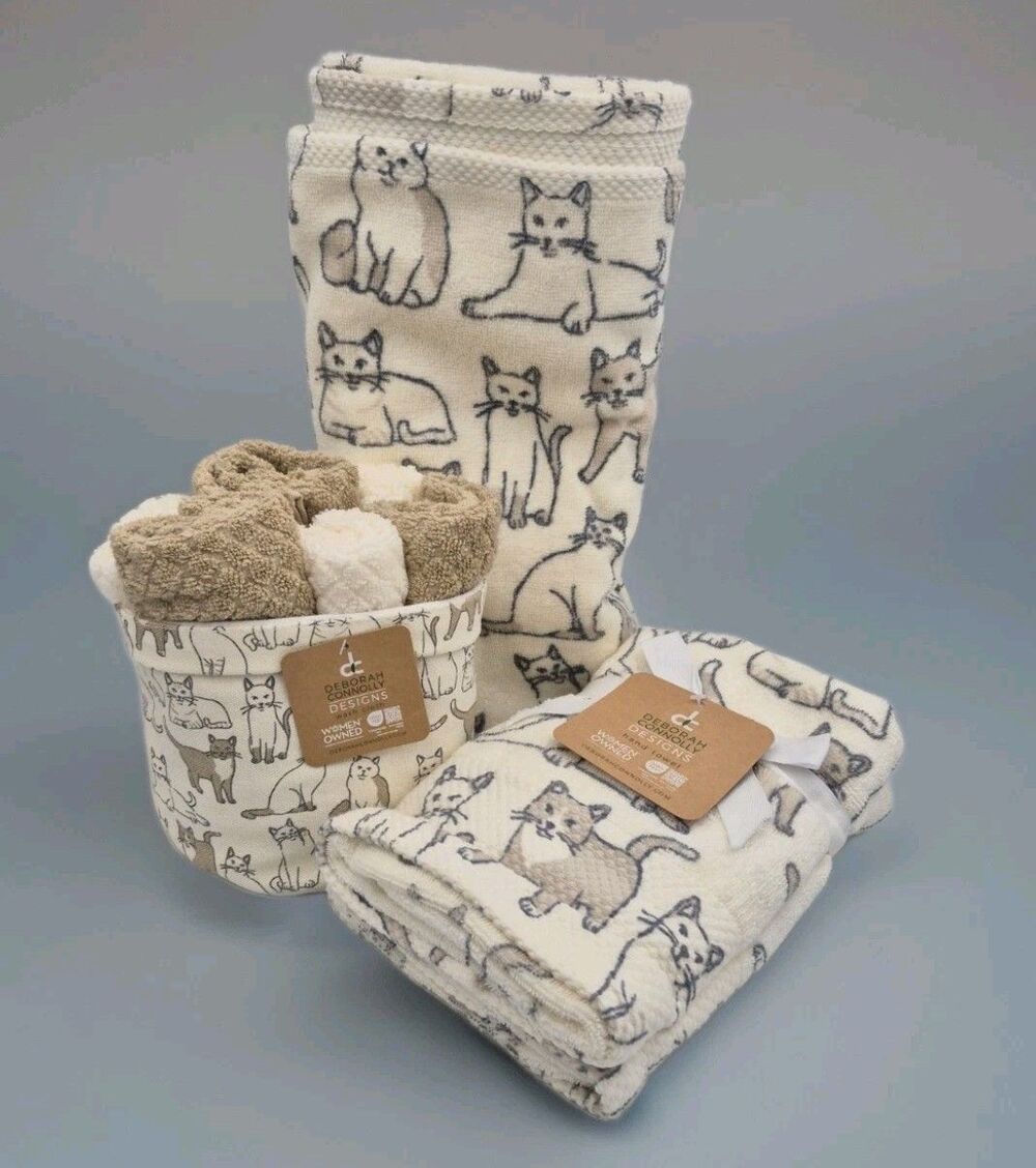 Deborah Connolly Bath Towel Set Cat Print Cream Tan Gray Cotton Blend 10 Pc NEW